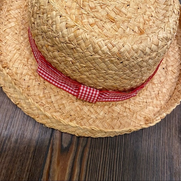 Vintage Straw Summer Hat Gingham Red Ribbon - Picture 4 of 6